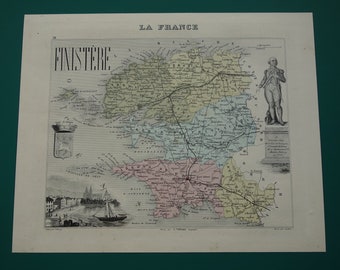 Ancienne carte du Finistère du département du Finistère 1870, belle impression ancienne coloriée à la main sur Quimper Brest Concarneau - Cartes de France vintage