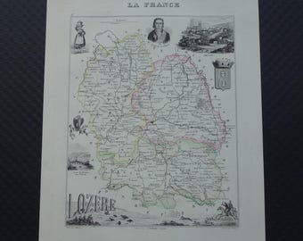 1856 Lozère old map of Lozere - lovely hand-colored antique map about Mende Florac Quezac Tarn Gorges departement France vieille carte maps