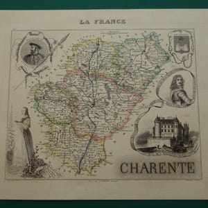 1856 CHARENTE mapa antigo do departamento de Charente - mapa original de pôster antigo colorido à mão sobre Angoulême Cognac Soyaux - mapas vintage França