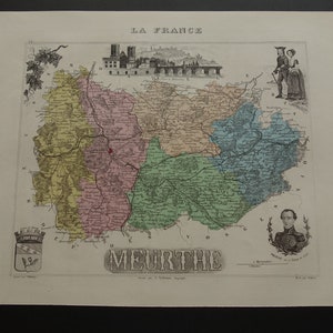 MEURTHE ムルト県のアンティーク地図 フランス 1876 年 美しい古い手彩色プリント ナンシー リュネヴィル ヴァンドゥーヴル レ ナンシー ビンテージ マップ