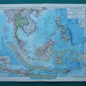 Mapa antiguo de Indonesia, Filipinas, 1928. Impresión antigua sobre el sudeste asiático, Indochina, Siam, Tailandia, Java, Batavia. Mapas antiguos alemanes detallados.