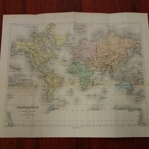 Antike Landkarte der Welt 1858 original antiker handkolorierter Druck der Welt in Mercator-Projektion Vintage Karten 17x21"kleines Poster