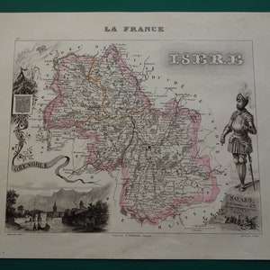 Isère old map of Isere department France 1851 antique print Grenoble Échirolles Vienne Fontaine detailed original vintage maps