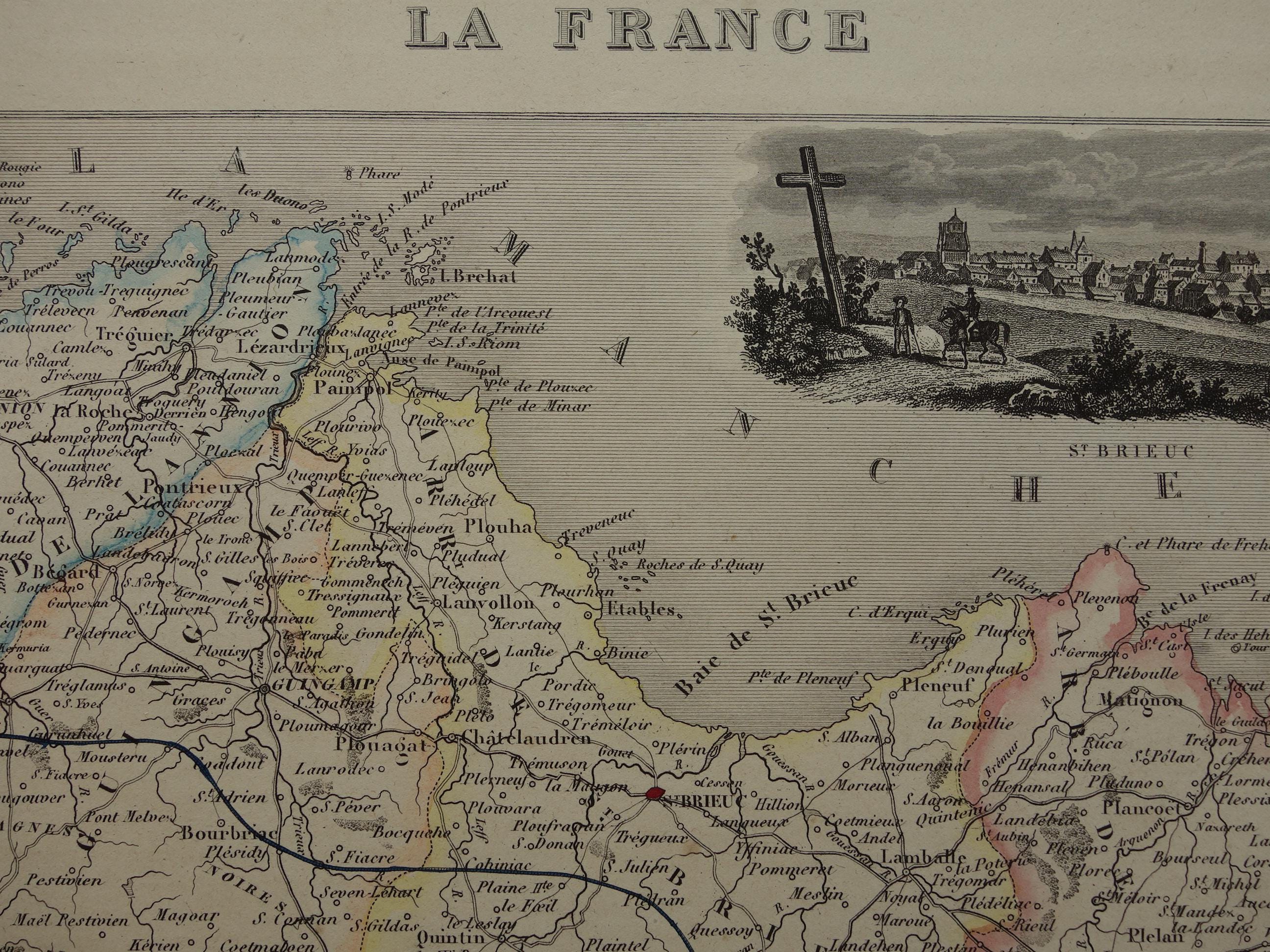 フランスアンティーク　MAP 1856 Antique Map of Côtes-d'armor Department France - Beautiful