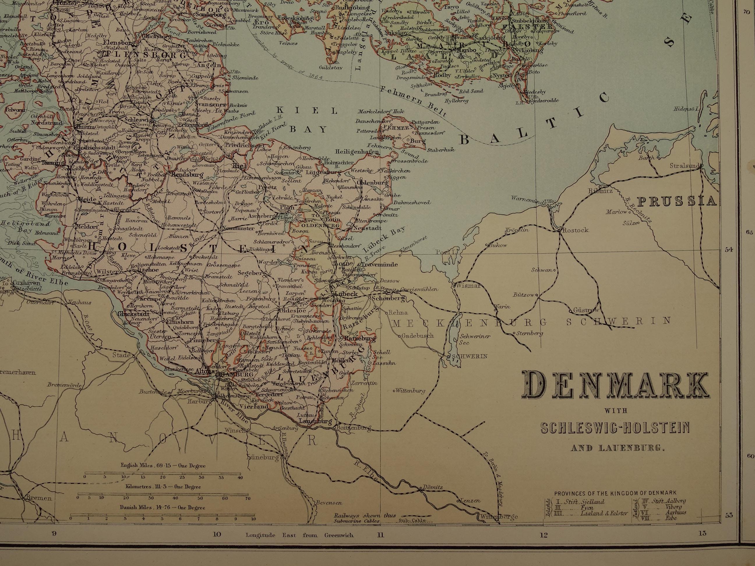 1890 DENMARK Old Map LARGE Original Antique Print About Danish Colonies ...