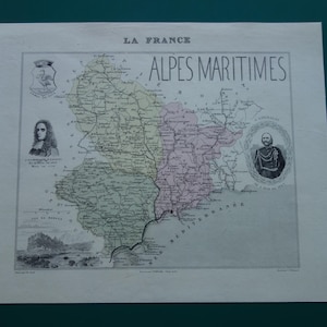 Antieke kaart uit 1870 van Alpes-Maritimes departement Frankrijk - prachtige ouderwetse gekleurde gravure - carte Nice Monaco Grasse Menton 9 x 11"