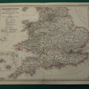 Große alte Landkarte von England 1886 - antiker Druck über Großbritanien - Original vintage Papierkarten 15x19"