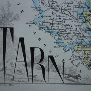 TARN タルン県フランスのアンティーク地図 - 1856 年の美しい古い手色の地図 - アルビ カストル ガイヤック グラウルエ カルモー ヴィエイユ カルト