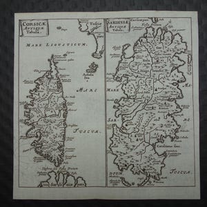 Corse Sardaigne, 360 ans et plus, carte de la Corse et de la Sardaigne dans l'antiquité, petites cartes vintage imprimées antiques 5 x 5 po. Cluver Corsicae Antiquae