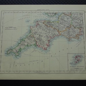 ANGLETERRE Ancienne carte du sud-ouest de l'Angleterre 1901, impression ancienne originale, cartes vintage anglaises