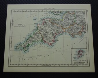 ENGLAND Old map of southwest England 1901 original antique print English vintage maps