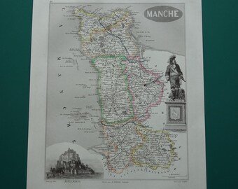 MANCHE vecchia mappa 1856 stampa antica originale di Granville Mont St. Michel Saint-Lô dipartimento Francia mappe vintage vieille carte piccolo poster