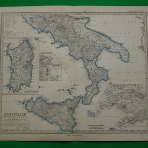 ITALIEN alte Karte 1885 GROSSES antikes handkoloriertes Druckplakat von Süd-Sizilien Rom Italien vintage Maps Italien ca 14x18 groß