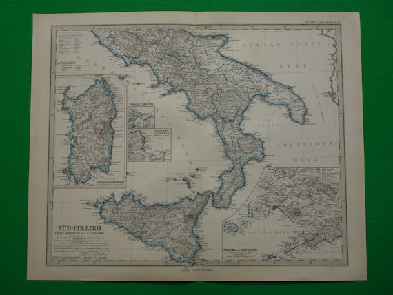 イタリアの古い地図 1885 大型アンティーク手彩色印刷ポスター 南部 I 