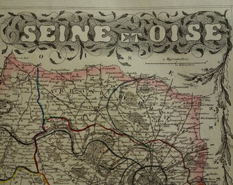 Seine-Et-Oise map 1850 beautiful antique hand-colored print of Paris Versailles Rambouillet department vintage maps vieille carte poster