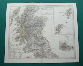 May include: An antique black and white map of Scotland titled Grossbritannien, featuring detailed topography, coastlines, and islands. The map includes inset charts of the Shetland Islands, Orkney Islands, and the Firth of Forth, with text in German.