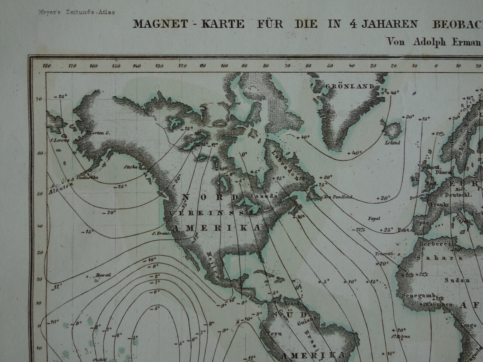 EARTH'S MAGNETIC FIELD Antique World Map Original 160+ Years Old ...