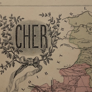CHER old map of Cher department France 1870 original antique hand-colored print about Bourges Vierzon Saint-Doulchard vintage maps poster