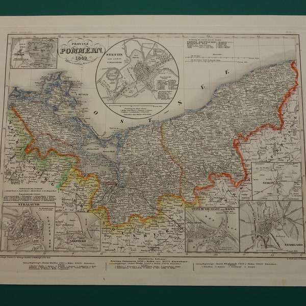 GERMANY old map of Pomerania 1849 original antique print Stettin Szczecin Stralsund Pommern vintage maps Poland Stargard plan alte karte von
