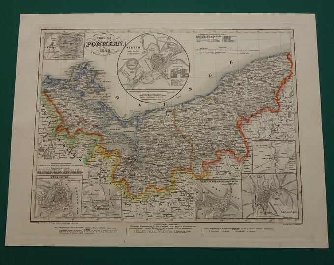 GERMANY Old Map of Pomerania 1849 Original Antique Print Stettin ...