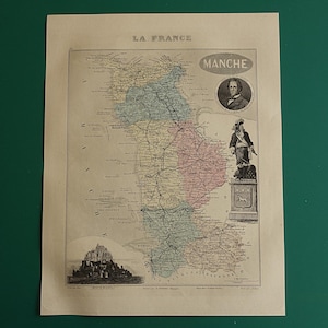 MANCHE 1886 original old map Hand-colored antique print of Mont St. Michel Granville Saint-Lô department France vieille carte maps