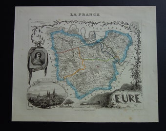 EURE old map of Eure department France 1851 original antique hand-colored print about Evreux Vernon Louviers vintage maps poster