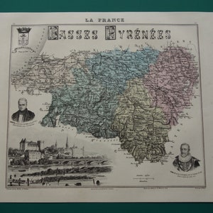 Pyrénées-Atlantiques 1886 original old map - hand-colored antique engraving of Pau Bayonne Anglet Biarritz departement France vieille carte