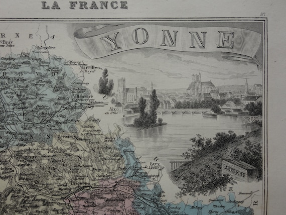 1886 YONNE Old Map of Departement Beautiful Antique Hand-colored