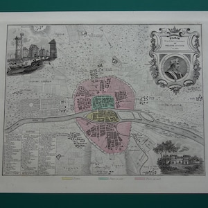 Old map of Paris France in the year 1180 Original 1872 antique print/city plan de ville vieille carte Vintage maps