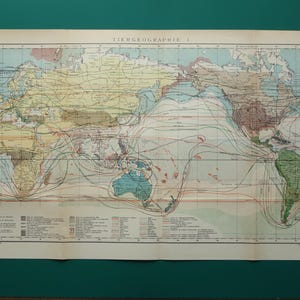 May include: A vintage world map with the title "TIERGEOGRAPHIE I" at the top. The map features continents in shades of yellow, green, and purple, with numerous lines indicating routes across the oceans. The map is on a cream-colored paper.