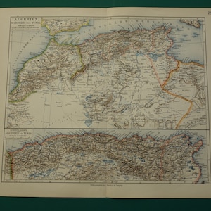 Carte ancienne de l'Algérie et du Maroc - ancienne carte vintage détaillée originale de 1905 de l'Afrique du Nord-Ouest - Cartes vintage de la côte marocaine de la Tunisie