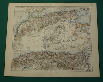 Antique map of Algeria and Morocco - original 1905 detailed old vintage map of northwest Africa - vintage maps Tunisia Moroccan coast