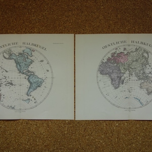 Vintage Weltkarte Große original 140+ Jahre alte antike Landkarten Doppel Hemisphäre vintage Weltkarte 2 passende handkolorierte Drucke datiert Jahr