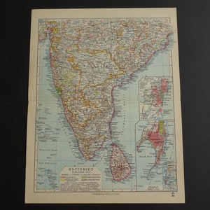 Oude kaart van India 1931 antieke Duitse print over Zuid-India Madras en Bombay Mumbai Chenai Nagpur Hyderabad vintage kaarten 24 x 31 c 9 x 12''