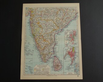 Old map of India 1931 antique German print about southern India Madras and Bombay Mumbai Chenai Nagpur Hyderabad vintage maps 24x31c 9x12&#39;&#39;