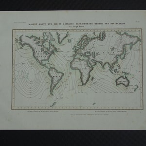 EARTH'S MAGNETIC FIELD Antike Weltkarte Original 160+ Jahre alter Vintage Druck über Magnetismus Weltkarte Erdmagnetfeld Illustration