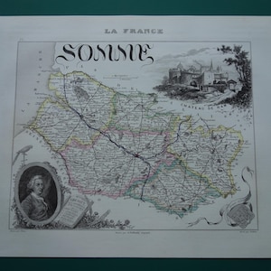 SOMME antique map of Somme department France 1856 beautiful old hand-colored maps Amiens Abbeville General Foy vieille carte