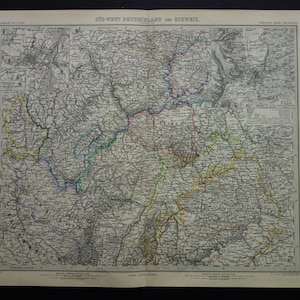 DEUTSCHLAND alte Karte LARGE 1886 original antikes deutsches Druck Poster von Elsaß Lorraine Karlsruhe Metz Straßburg Vintage Karten