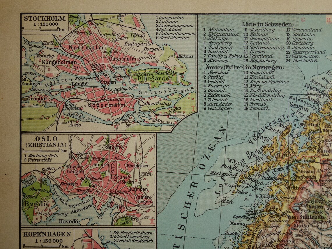SCANDINAVIA Old Map of Sweden Norway 1931 Antique Print | Etsy