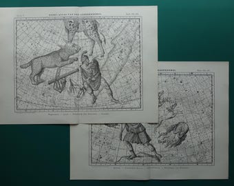 May include: Three antique celestial charts are displayed, featuring detailed illustrations of constellations and figures. The charts are printed in black ink on aged paper, with intricate line work depicting stars and mythological characters. The charts are layered on a dark green surface.