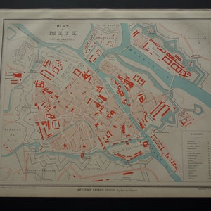 1879 METZ old map of Metz France - lovely original antique city plan Metz