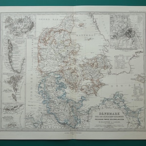 DÄNEMARK alte Landkarte von Dänemark und Holstein um 1880 original großer alter Druck über Kopenhagen Island Kolonien große Vintage Karten 15x18"Big