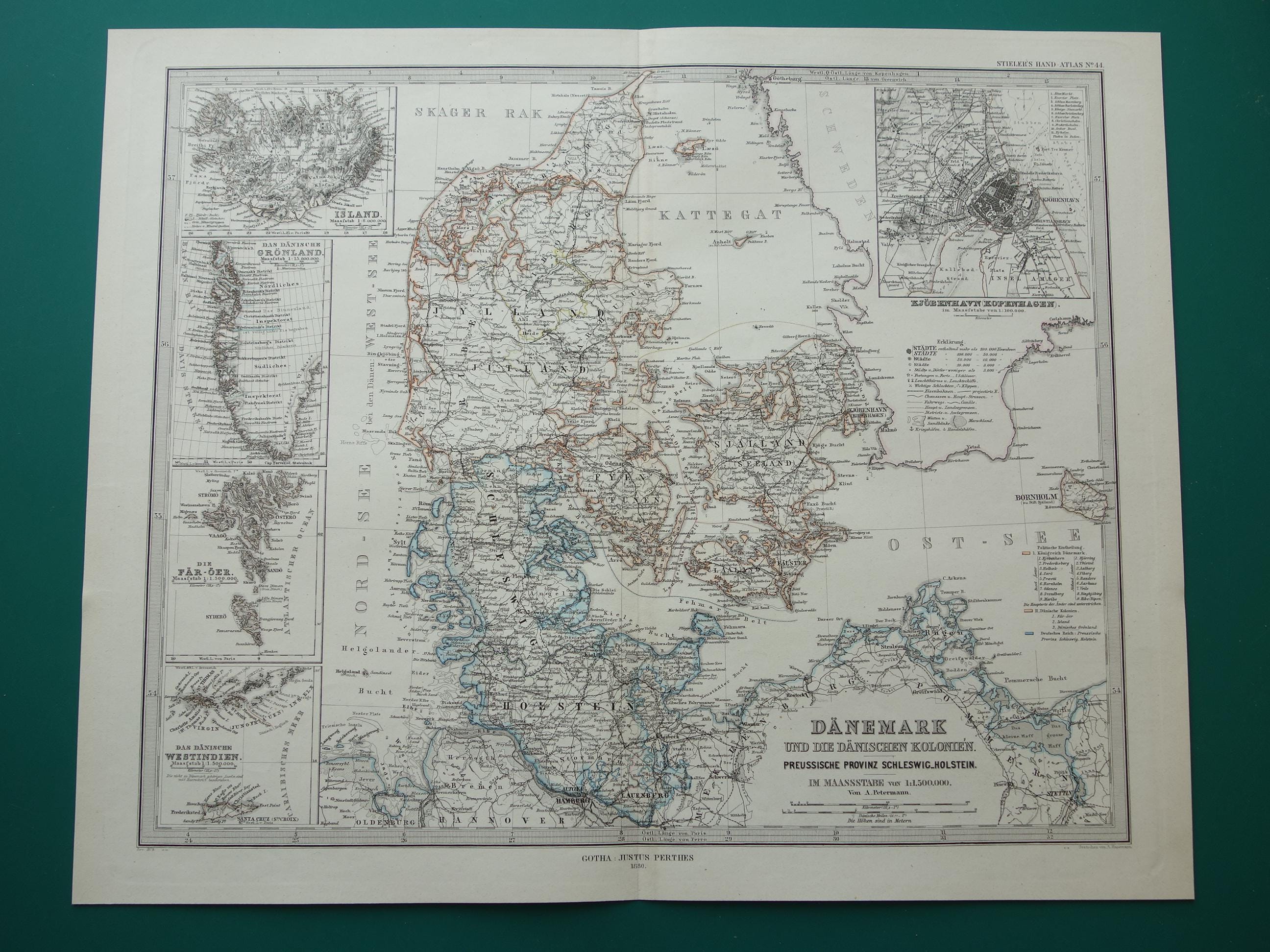 DENMARK Old Map of Denmark and Holstein 1880 Original Large Antique ...