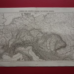 Alte physische Landkarte von Deutschland Mitteleuropa 1849 antiker Druck Alpen Slowakei Österreich Ungarn Vintage Poster Maps