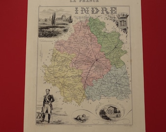 1870 INDRE mapa antiguo del departamento de Indre Francia Impresión antigua original Chateauroux Le Blanc Chatre Issoudun carte ancienne Berry mapas antiguos