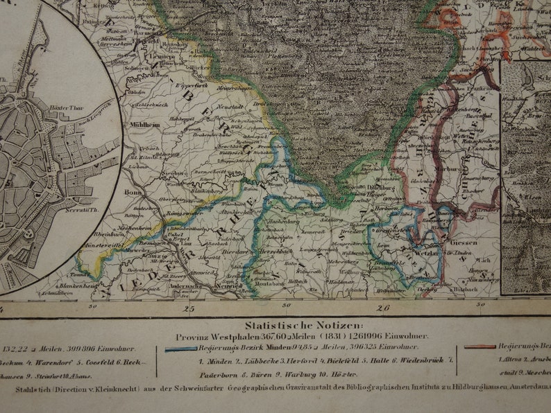 GERMANY old map 1849 hand colored old print poster of NRW vintage antique maps Münster Paderborn Provinz Westfalen alte karte von zdjęcie 7