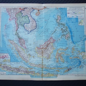 Ancienne carte de l'Indonésie, des Philippines, 1928, estampe ancienne sur l'Asie du Sud-Est, Indochine, Siam, Thaïlande, Java, Batavia, cartes vintage allemandes détaillées