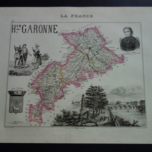 170+ Jahre alte Karte von Haute-Garonne Frankreich 1851 original antiker Druck von Toulouse Colomiers Muret Vintage Karten 9 x 11"