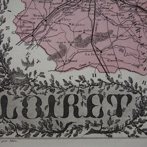 Oude kaart Loiret van Loiret, Frankrijk, 1874 mooie antieke handgekleurde poster over het departement Orléans Montargis Pithiviers originele vintage kaarten