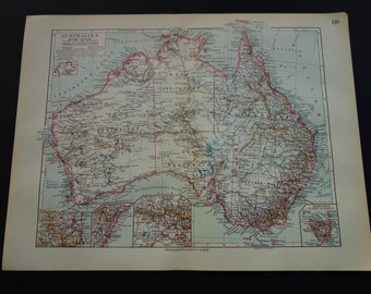 AUSTRALIA old map 1913 very detailed antique map of Australia - original vintage maps Tasmania Brisbane Sydney Melbourne - 25x33c 10x13"